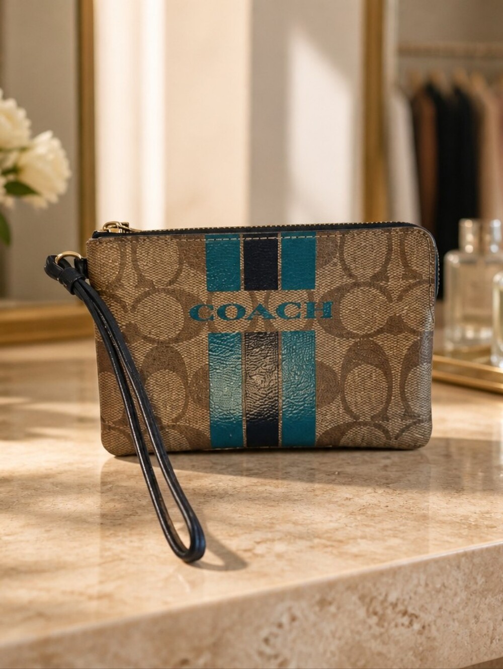 Coach Teal Stripe Signature Wristlet